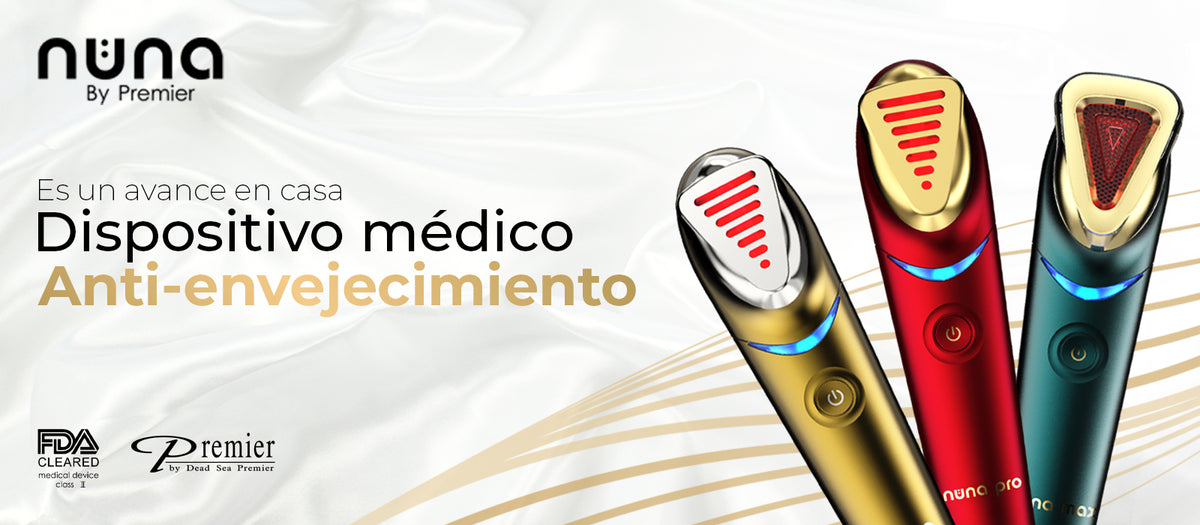 Banner de la gama de dispositivos faciales Nuna by Premier en colores dorado, rojo y verde.