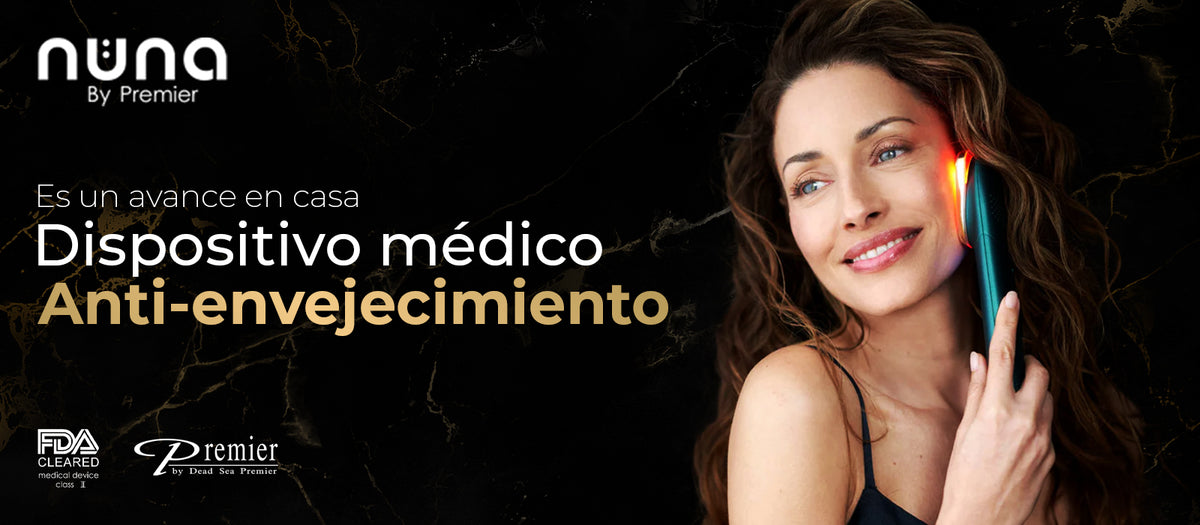 Banner de Nuna by Premier con una mujer aplicando el dispositivo de luz roja sobre la mejilla.