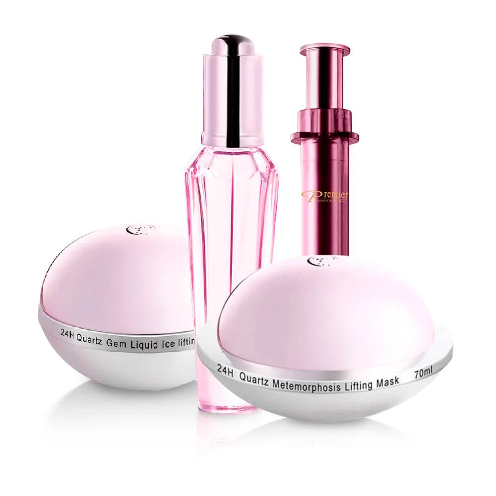 Gama Quartz Gem de Premier con sérum, aplicador y tarros rosas de crema y mascarilla facial.