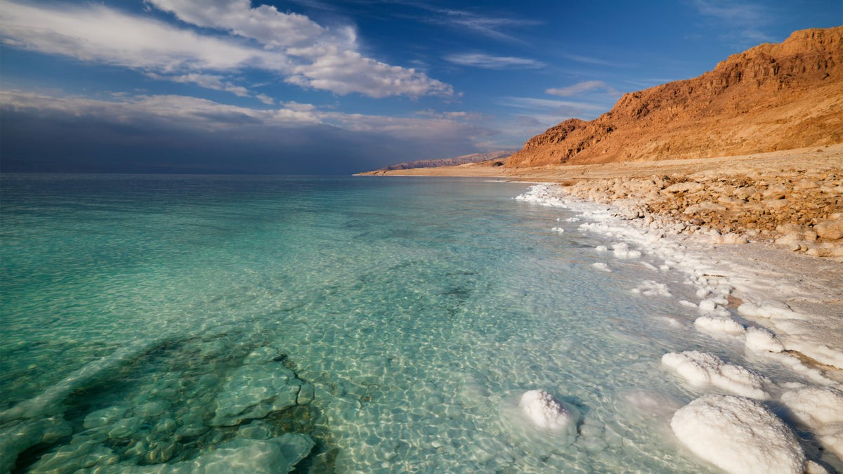Orilla del Mar Muerto con depósitos blancos de sal mineral, agua turquesa y montañas desérticas.
