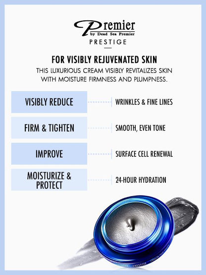 Infografía de la mascarilla Milagro Negro de Premier Prestige con tarro azul abierto y textura gris sobre fondo blanco.