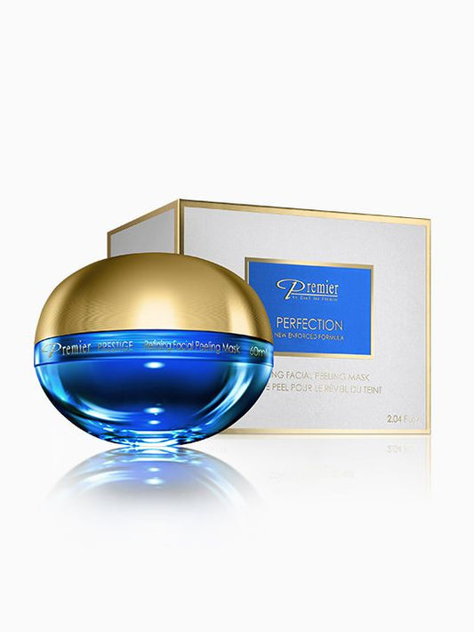 Mascarilla peeling facial Perfection Refining de Premier de 60 ml en tarro azul con tapa dorada junto a su caja.